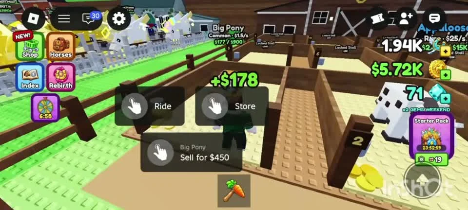 Ride Store and Sell choices beside a stalled horse