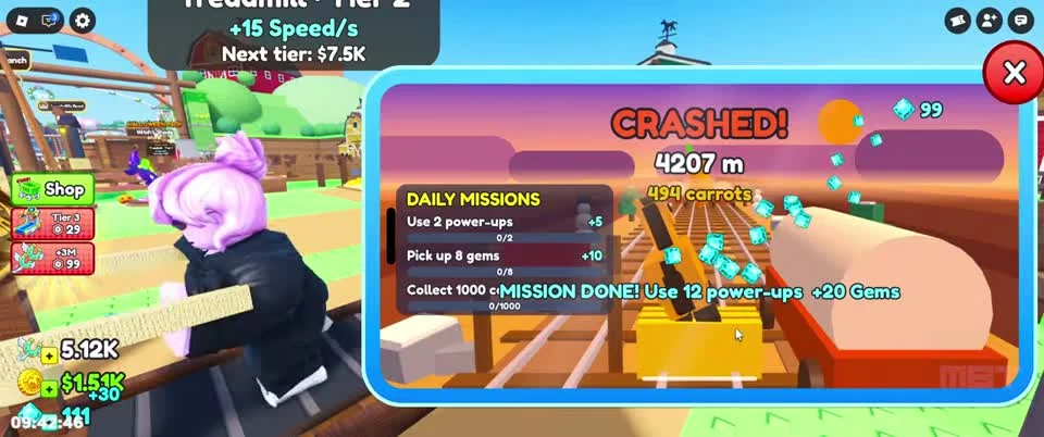 CRASHED result screen with distance and Daily Missions